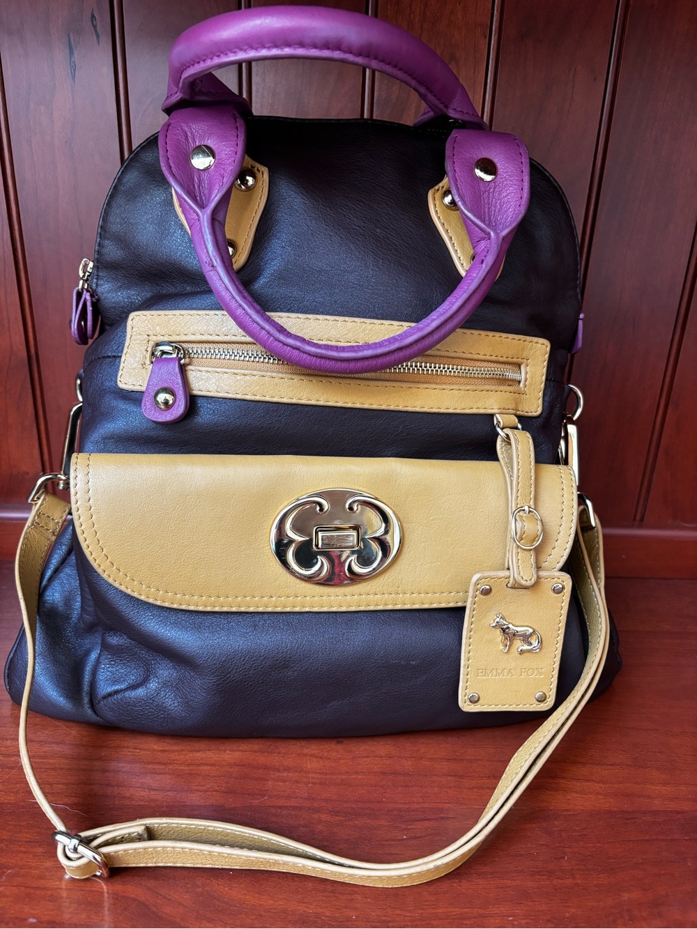 Emma Fox Two-Tone Black and Mustard Leather Satchel with Purple Handles
